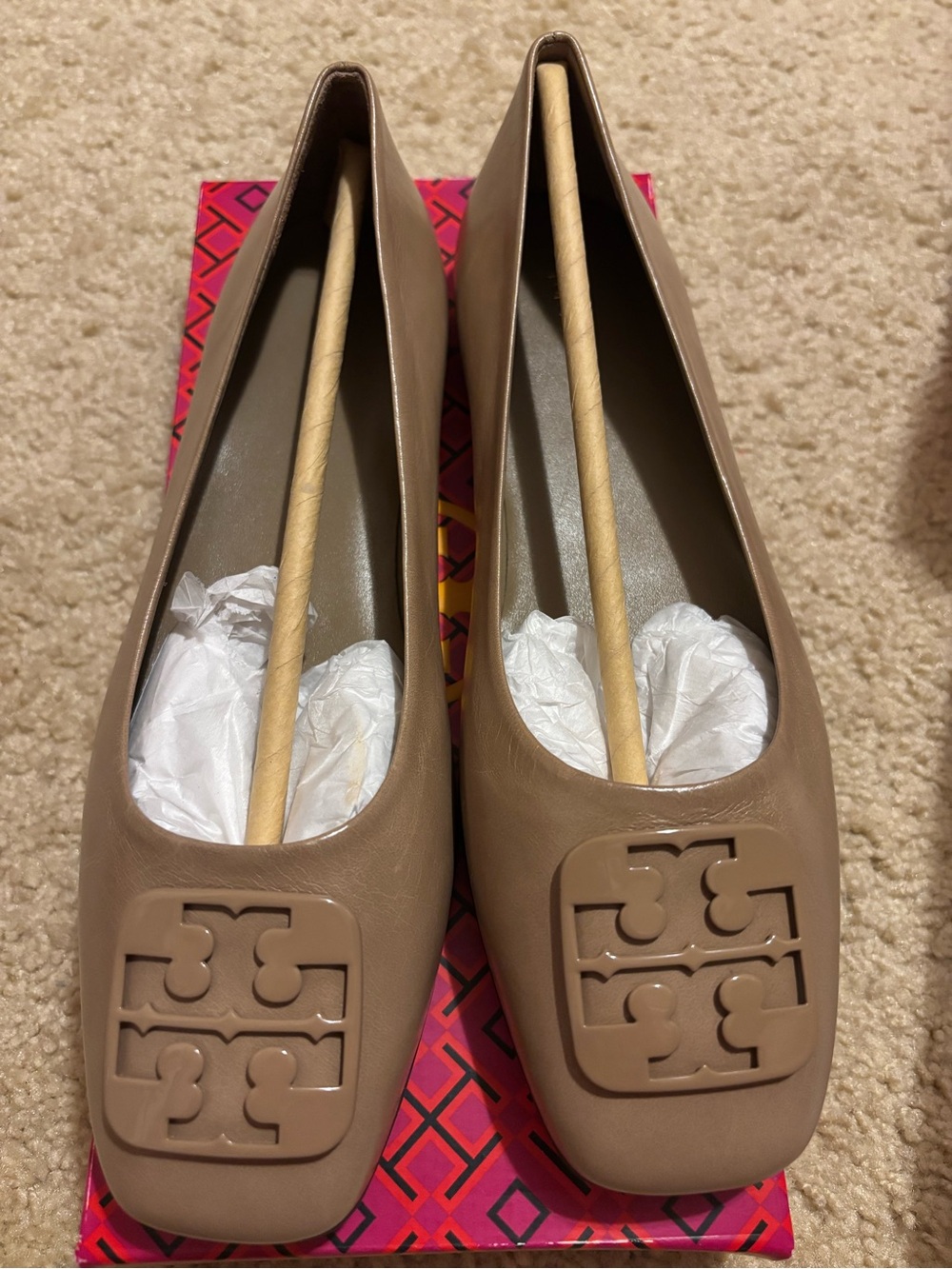 Tory Burch Taupe Leather Logo Ballet Flats